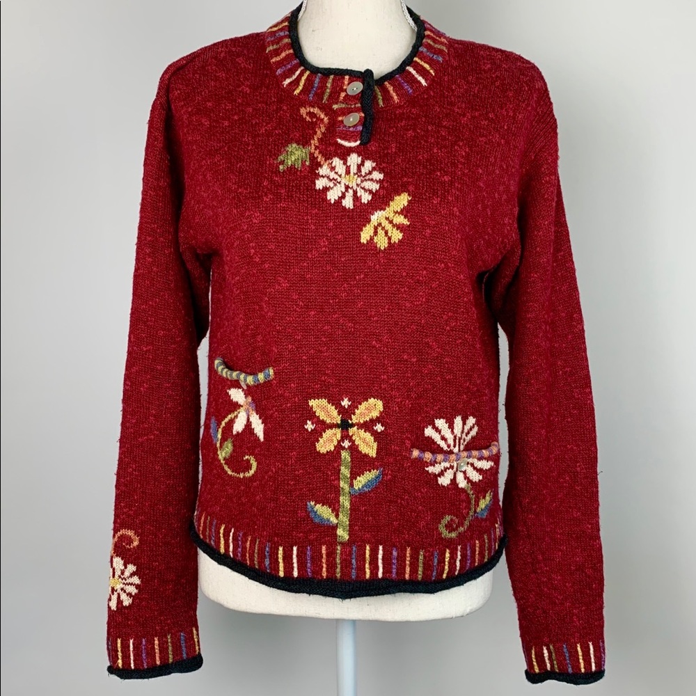 Icelandic Design Sweater M Red Linen Blend Button